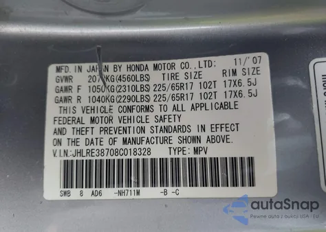 2008 Honda Cr-V Ex-L z USA, uszkodzony, nr VIN JHLRE38708C018328